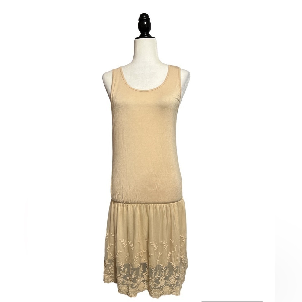 Meisie Spain Drop Waist Lace Embroidered Mesh Sleeveless Dress Scalloped Hem